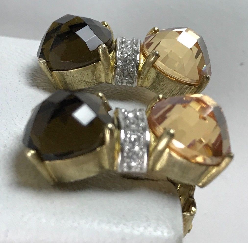 Vintage Yellow Gold Costume Brown Peach Rhinestone Clip Earring