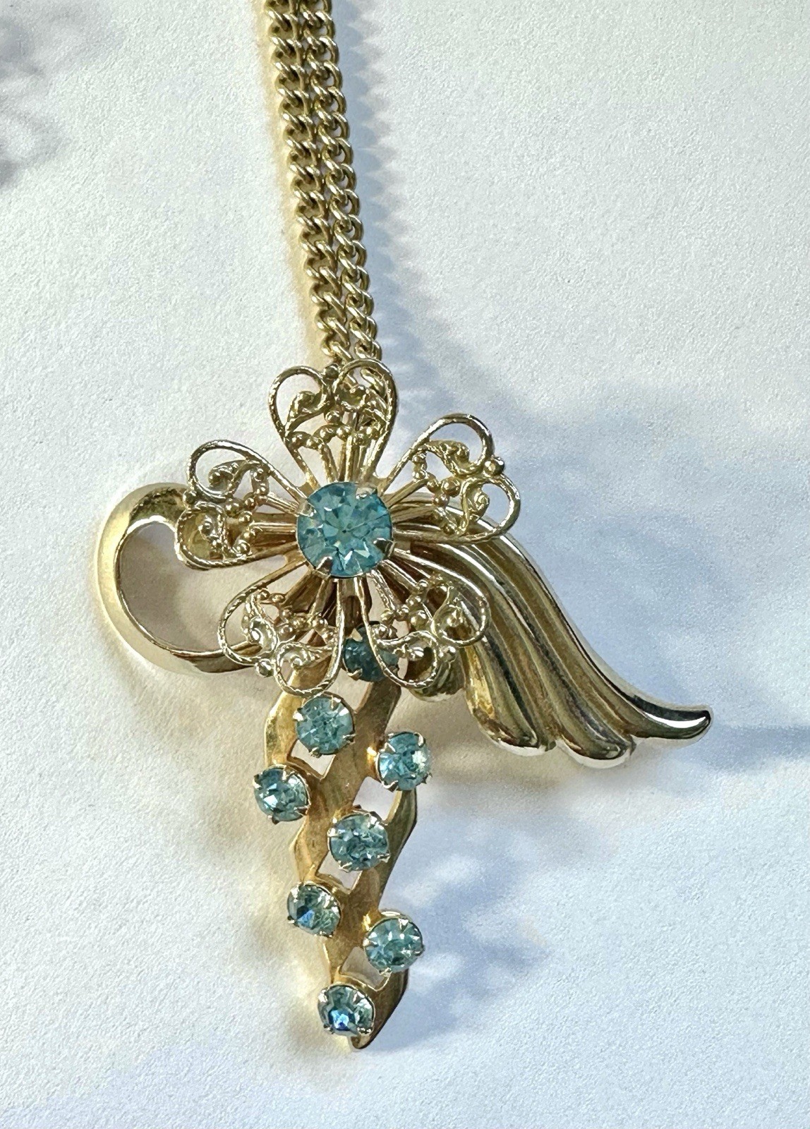 Vintage Set Rhinestone Brooch Pendant Blue Glass Prong Cuff Chain Clip Earrings