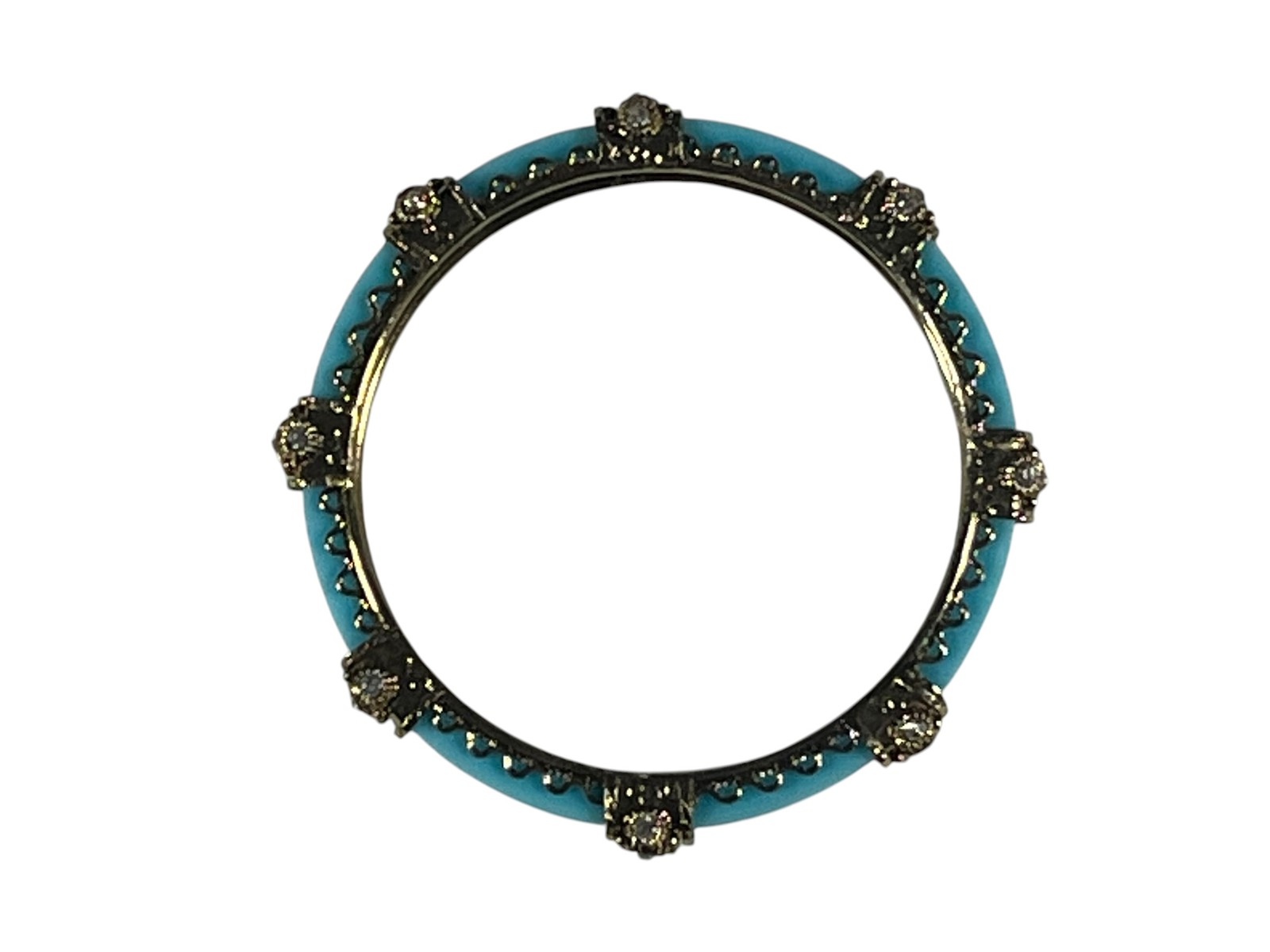 Vintage Gold Tone Turquoise Blue Enamel Rhinestone Hinged Bangle 3″ Bracelet