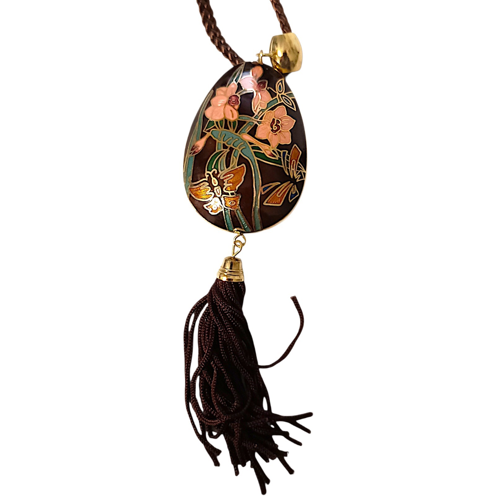 Vtg Butterfly Cloisonne Necklace 70s Pendant Tassel Woven Cord Brown Dual Sided