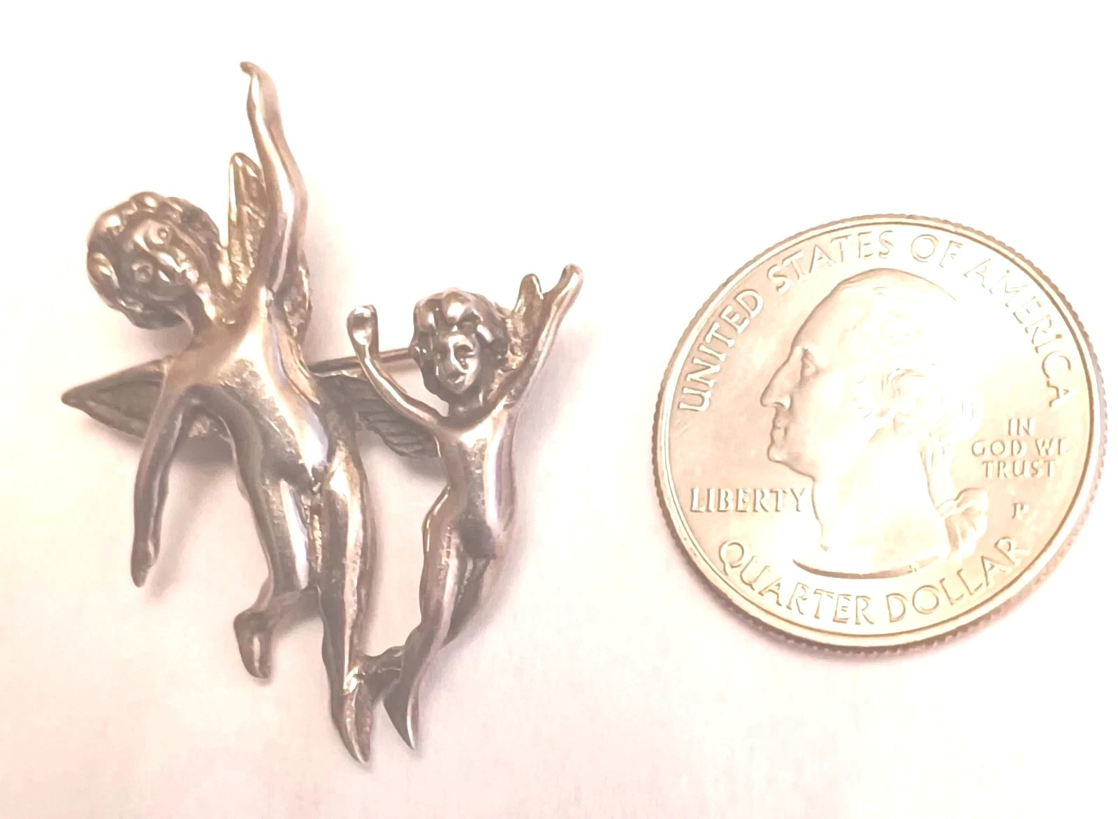 Vintage Two Celestial Angels Brooch Pin Pendant Sterling Silver 925 Cherubs
