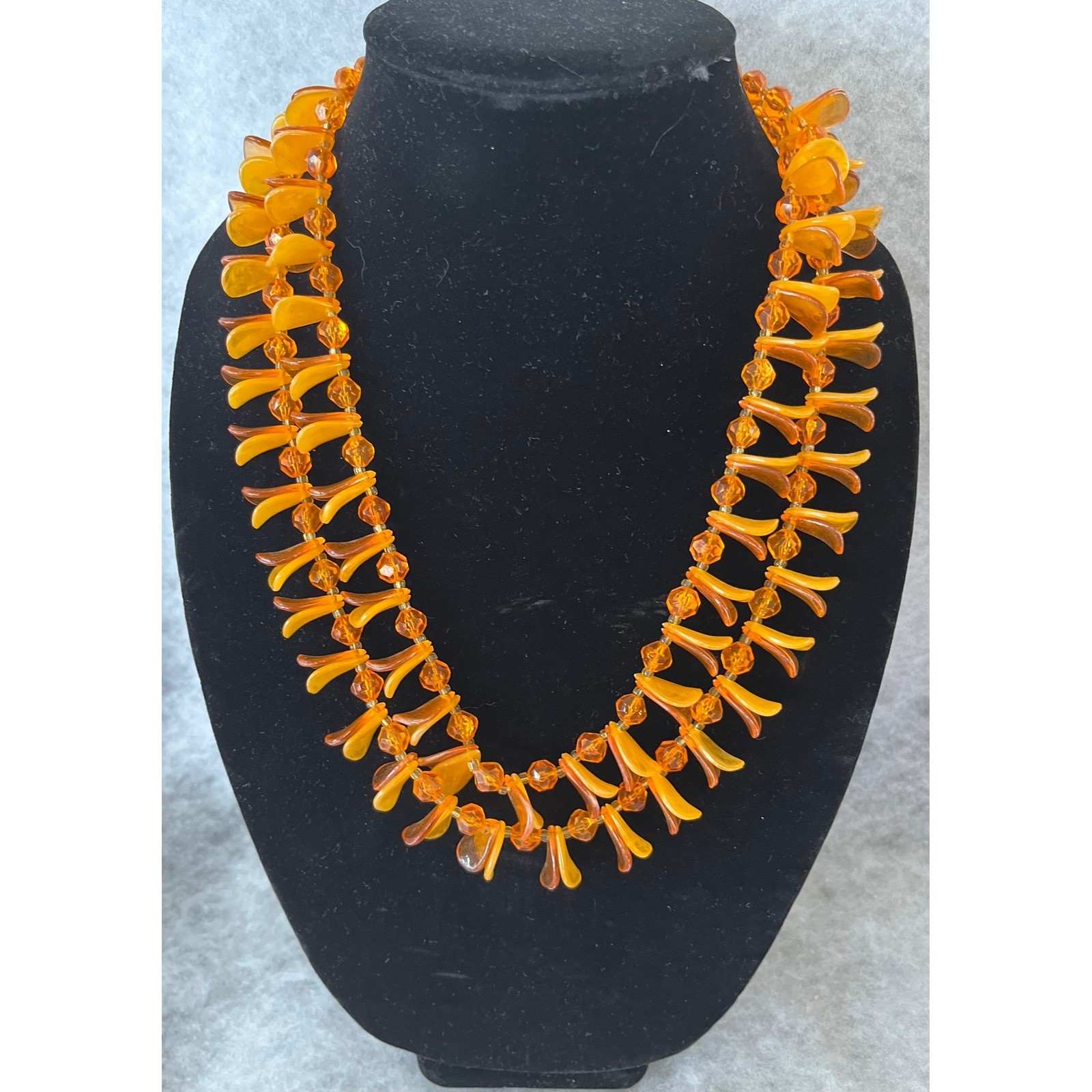 Vintage Amber Color Bead Necklace Costume Jewelry Double Strand 20 Inches