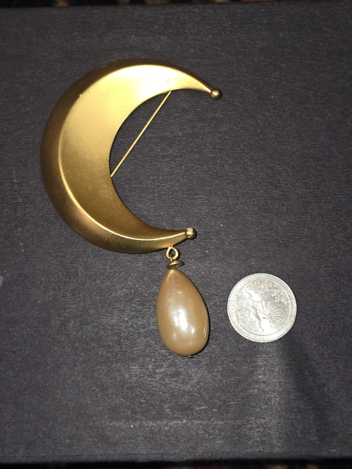 KARL LAGERFELD Brooch Pin Crescent Moon Drop Pearl Matte Finish Gold Tone