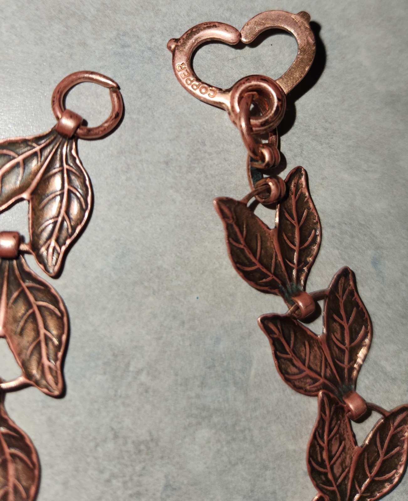 Vtg Unmarked Stamped Copper Double Leaf 7″ Link Bracelet With Heart Sister Clasp
