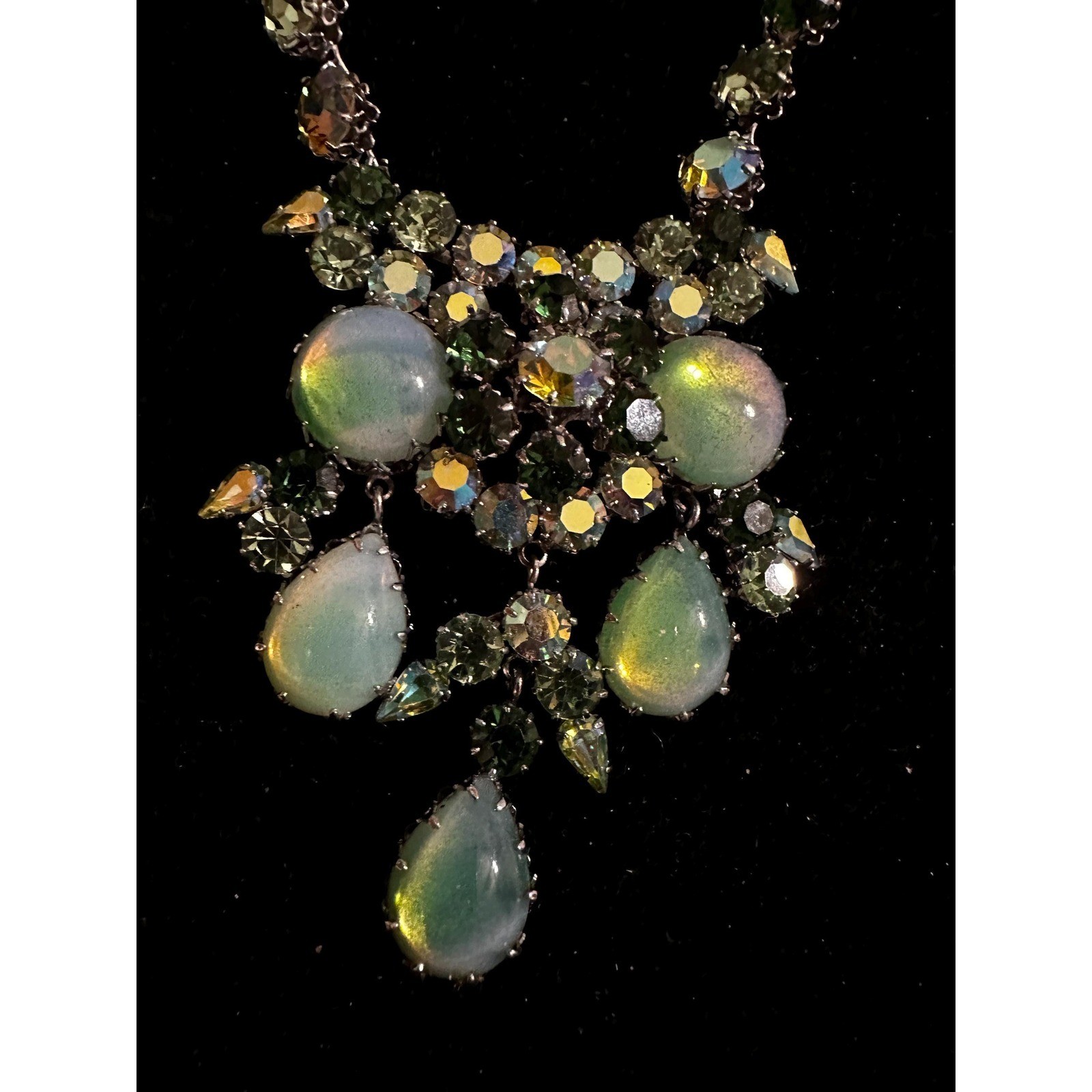 1950’s Austrian Crystal Rhinestone Statement Necklace Green AB Schoffel