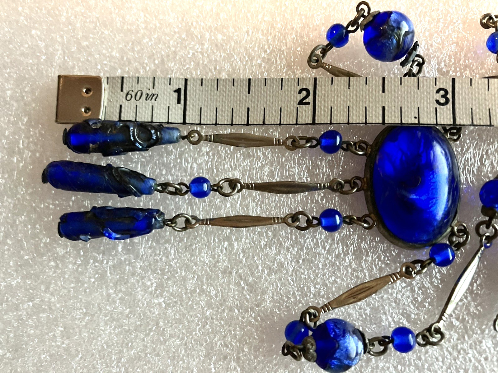 Vtg ART DECO CZECH blue foil GLASS drop pendant NECKLACE 3 “torpedo beads”