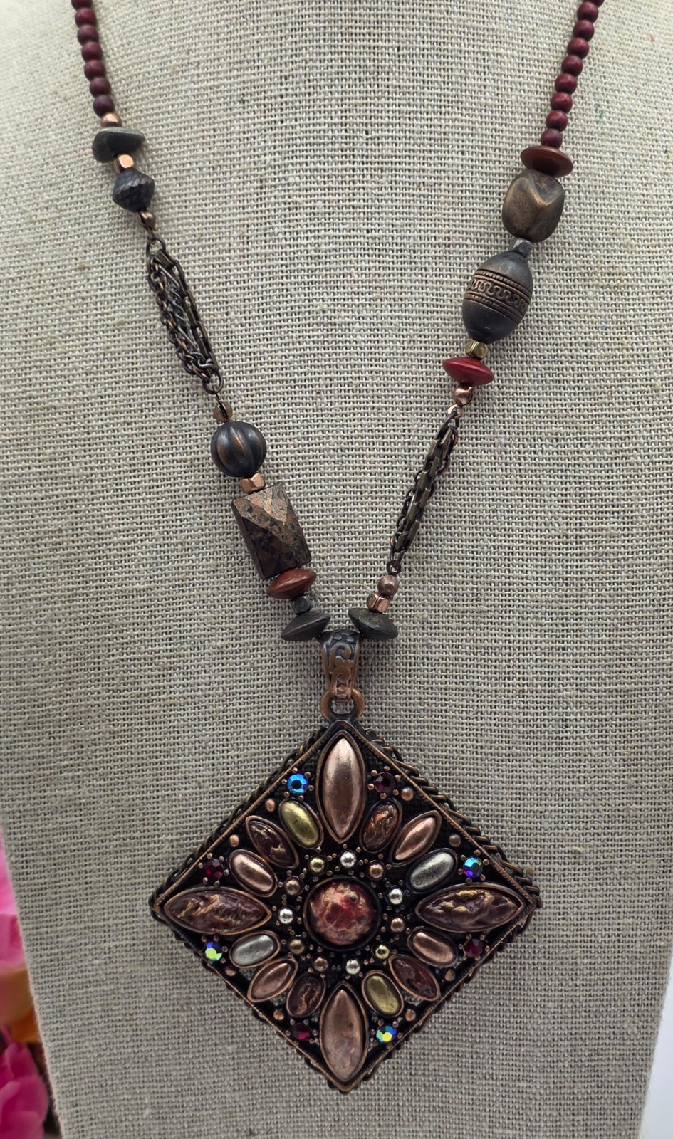 DaVinci Mosaic Statement Pendant Necklace Copper Tone Beaded 19 in Boho Vintage