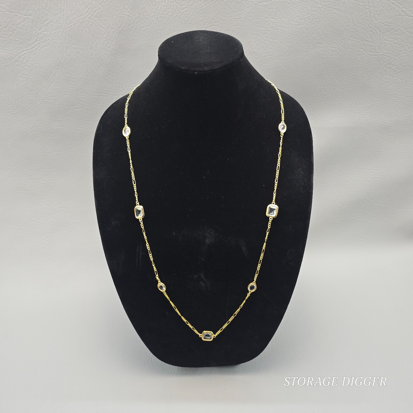 VTG Clear Crystal Bezel Gold Tone Metal Bar Link Chain Station Necklace 35″ Long