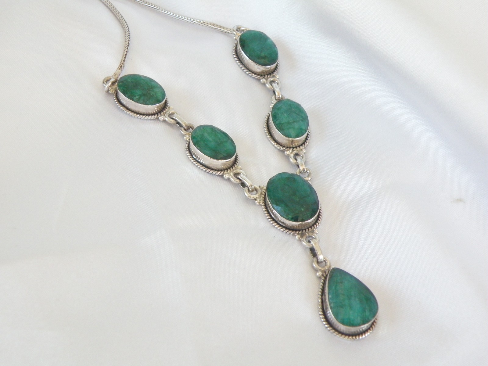 Vintage Sterling Silver 925 Large Natural Raw Emerald Statement Necklace 19″