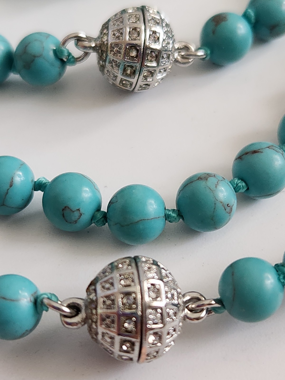 Vintage Genuine Turquoise Pave Rhines Hand Knot Necklace 50″ Mag Adjust 16 + 34