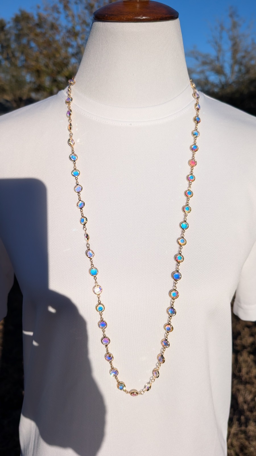 Vintage SWAROVSKI aurora borealis crystal open back bezel set necklace 36″
