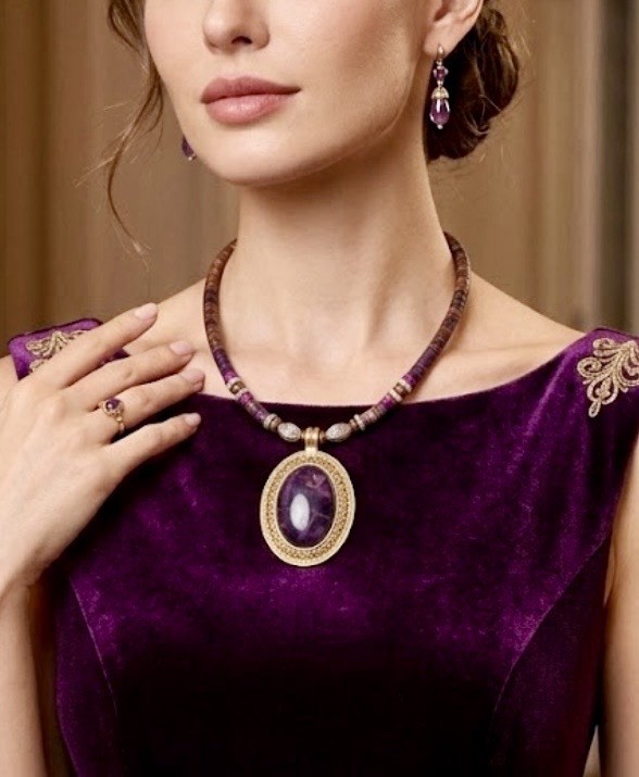 Vintage Purple Beaded Necklace With Oval Faux-Charoite Charm Pendant
