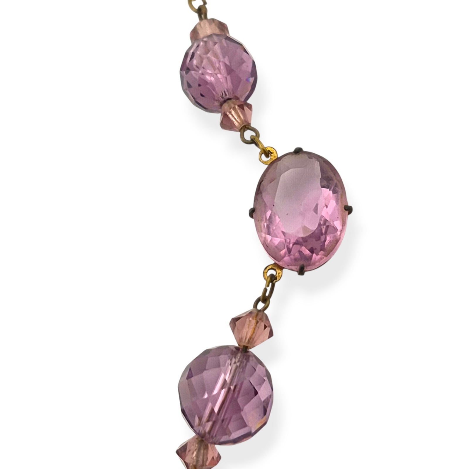 Vintage Art Deco Amethyst Purple Glass Bead Necklace Faceted Prong Set Czech
