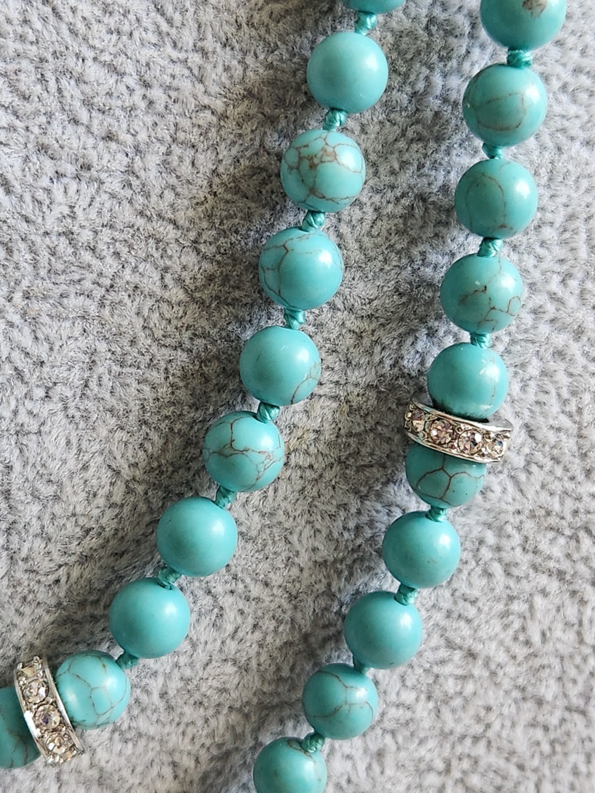 Vintage Genuine Turquoise Pave Rhines Hand Knot Necklace 50″ Mag Adjust 16 + 34