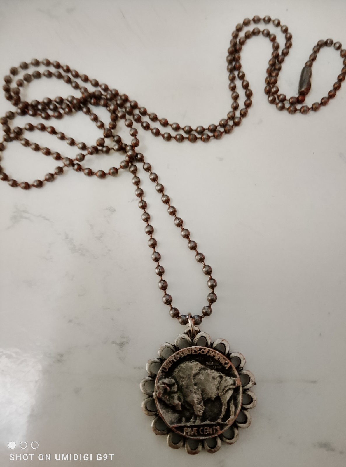 Vintage Buffalo Nickel Coin Pendant Necklace Copper Ball Chain Western Theme