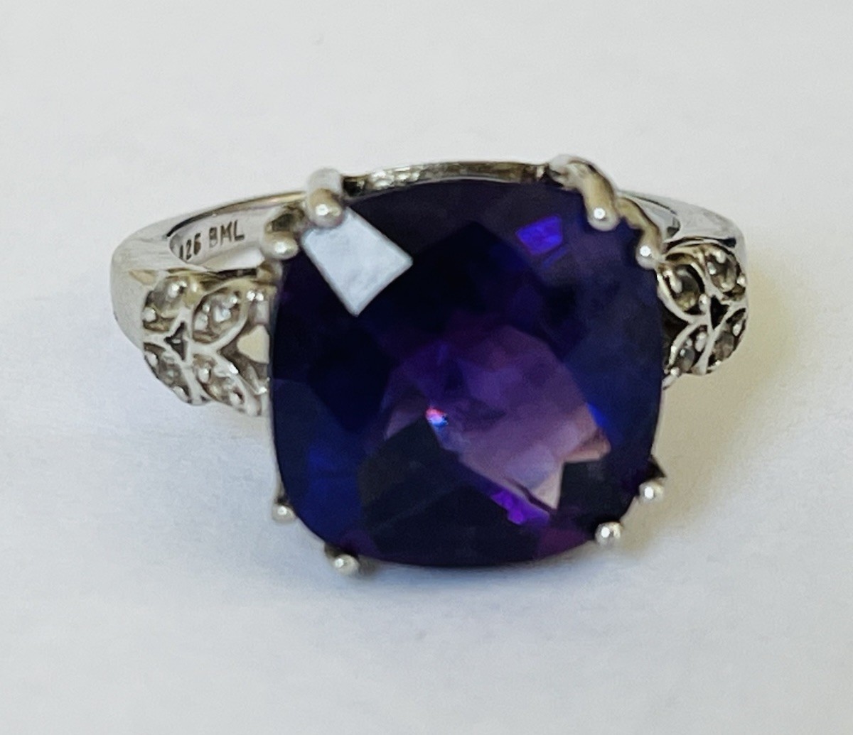 Designer BML Sterling Silver Cushion Cut Amethyst And White Topaz Ring Size 7