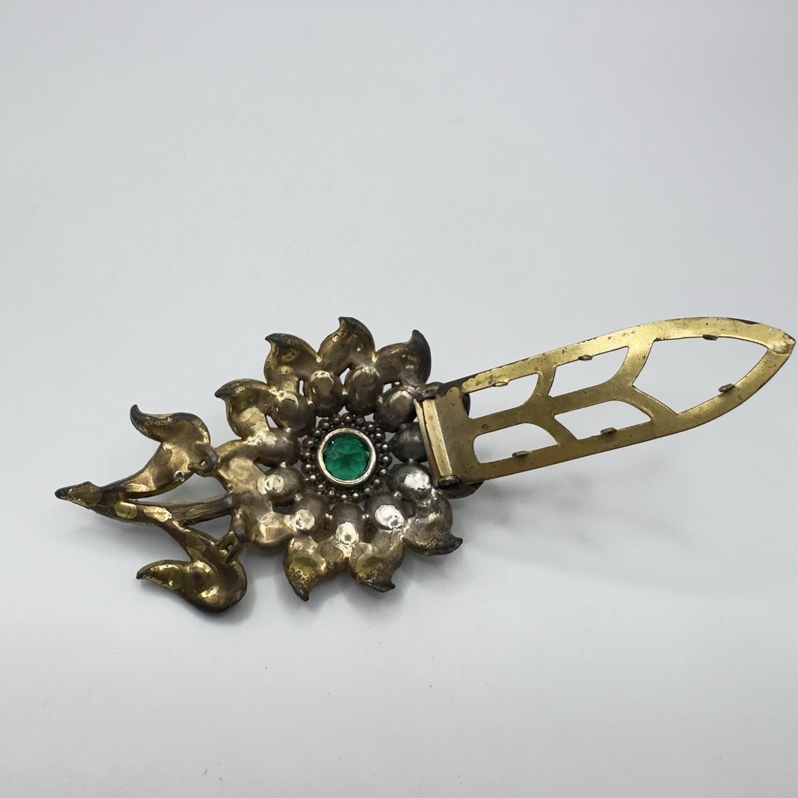 Vintage Pot Metal Dress Clip Flower Gold Tone Green Rhinestones 3″