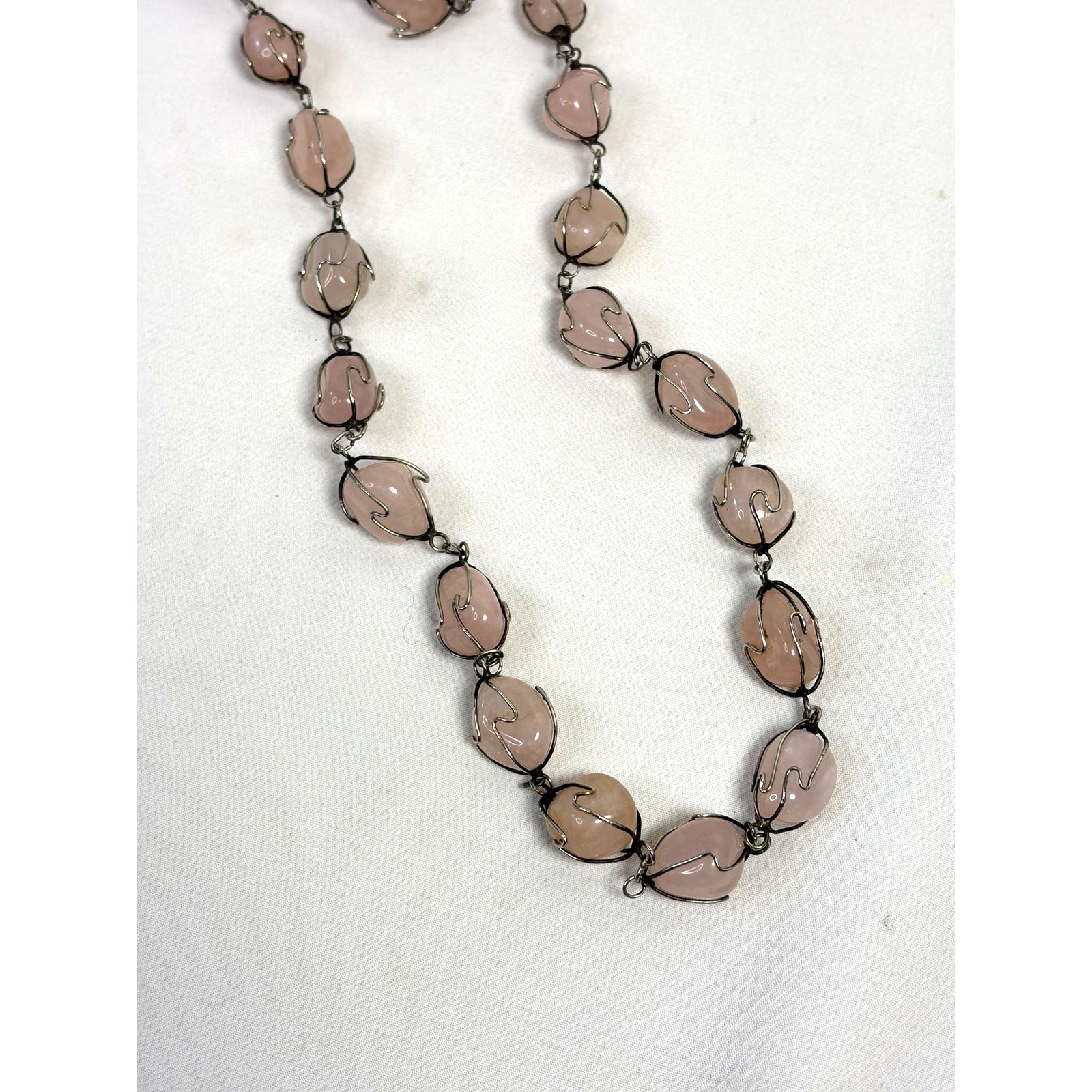 Vintage Pink Rose Quartz Caged Stone Bead Necklace Jewelry Wired 36in