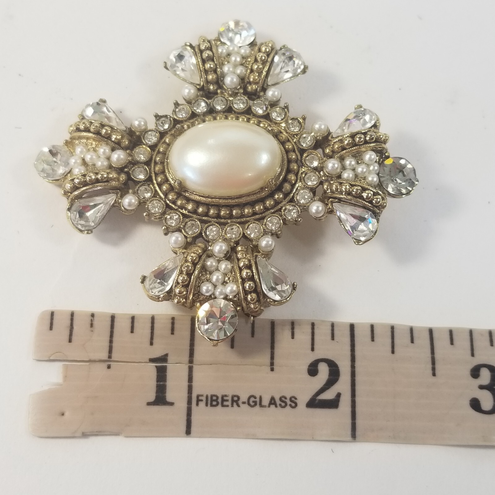 Maltese Cross Brooch Rhinestones Faux Pearls Gold-Tone VTG Designed By Paula