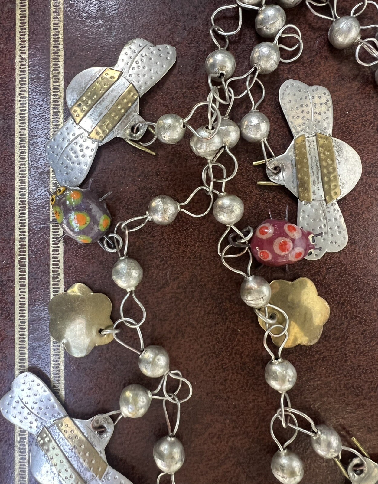 Vintage Mexican Wedding Necklace Ladybugs Bees Milagros Charms Silver Brass