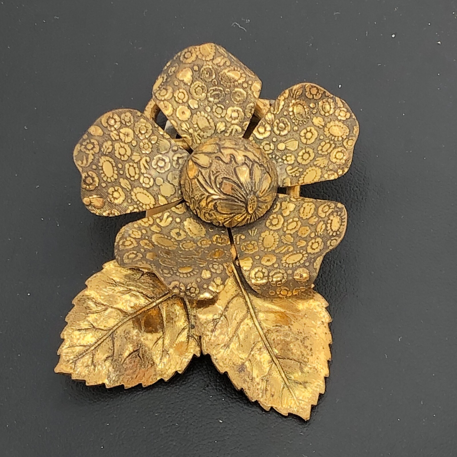 Vintage Flower & Leaves Dress Clip Brooch Gold Tone 1940s Estate Find