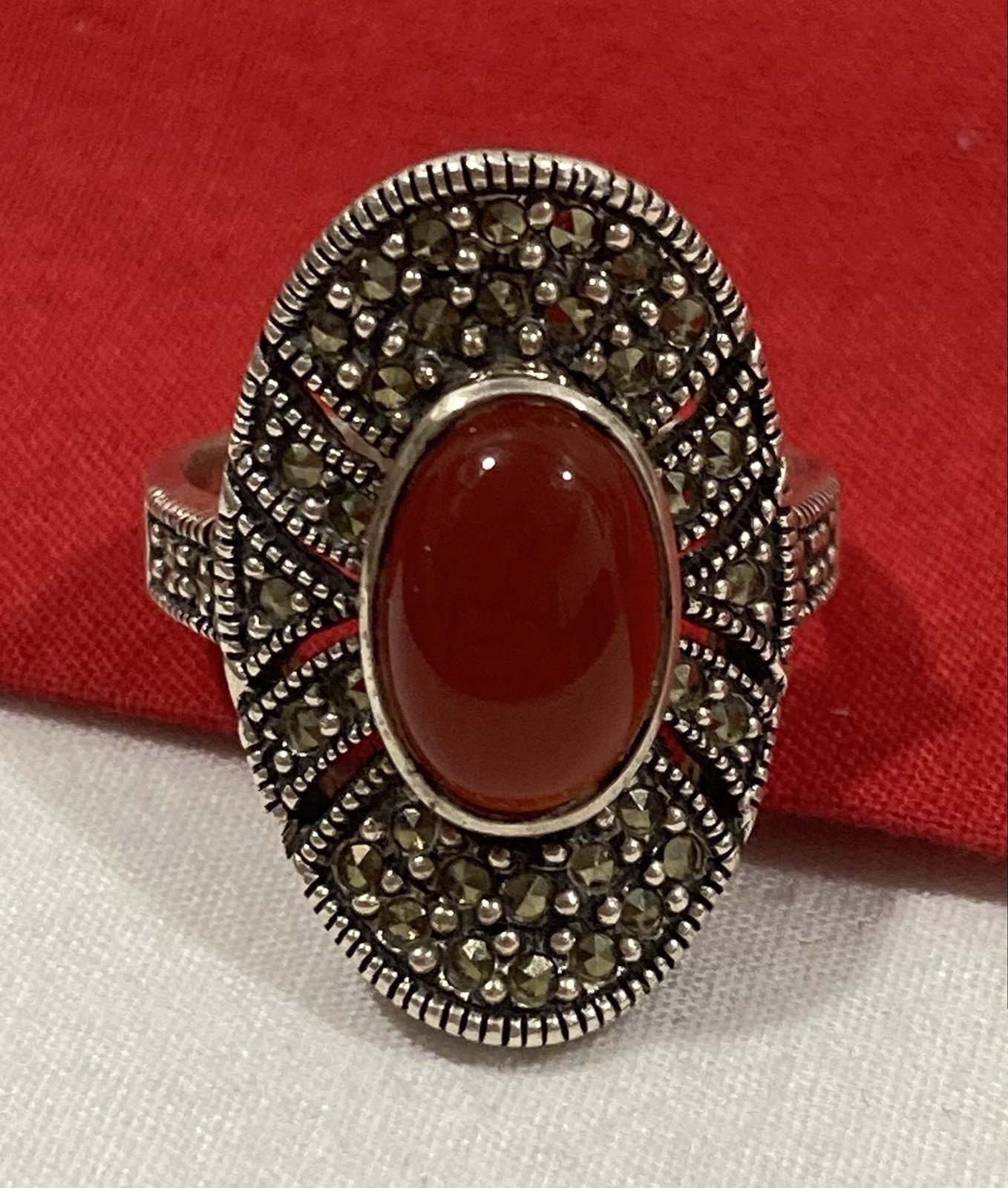 Vintage KL 925 Sterling Silver Carnelian Marcasite Dome Band Ring SIZE 8.75