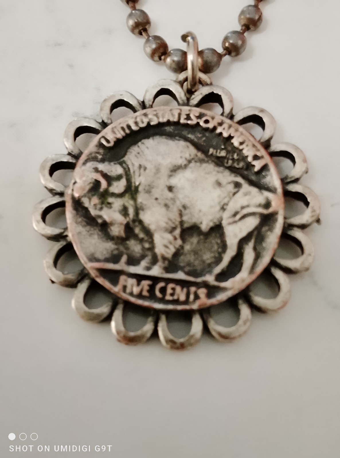 Vintage Buffalo Nickel Coin Pendant Necklace Copper Ball Chain Western Theme