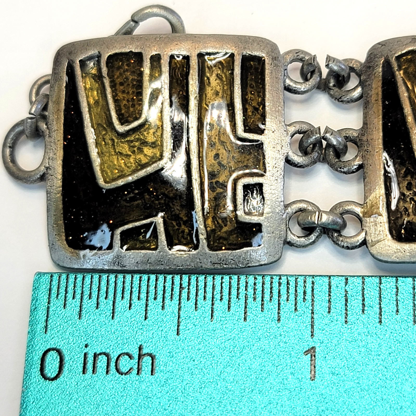 Vintage Modernist Silver Tone Link Y2K Bracelet Olivine Enamel Articulated Panel