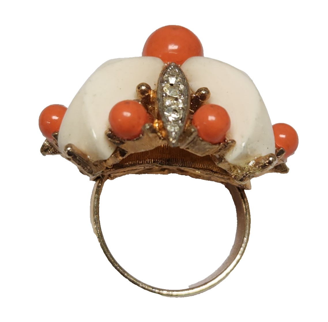 Marvella Fluted Cream & Coral Orange Color Lucite Adjustable Necklace & Ring
