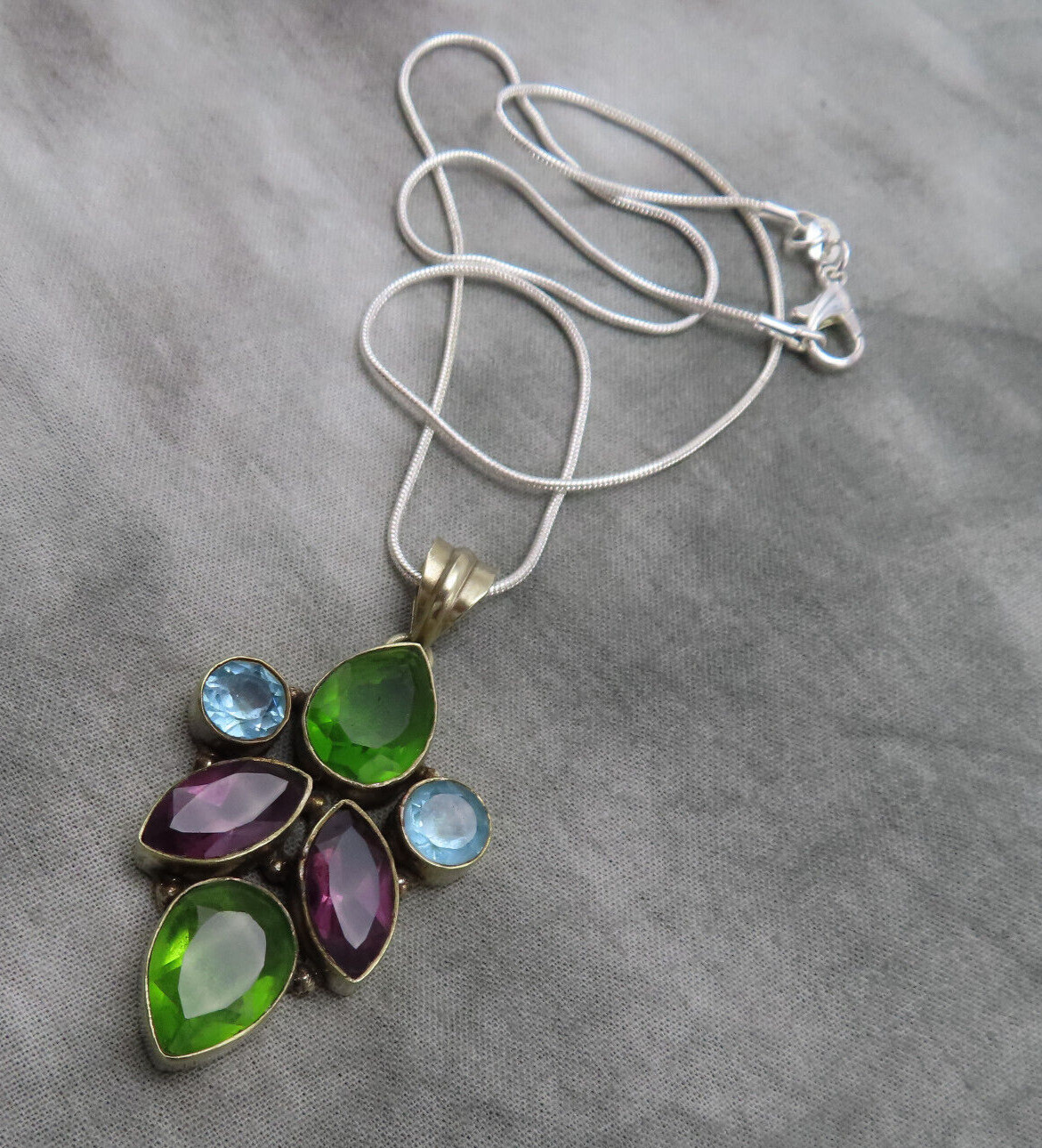 Vintage Sterling Silver Necklace 2 inch Pendant Green Purple Blue Crystal 369c