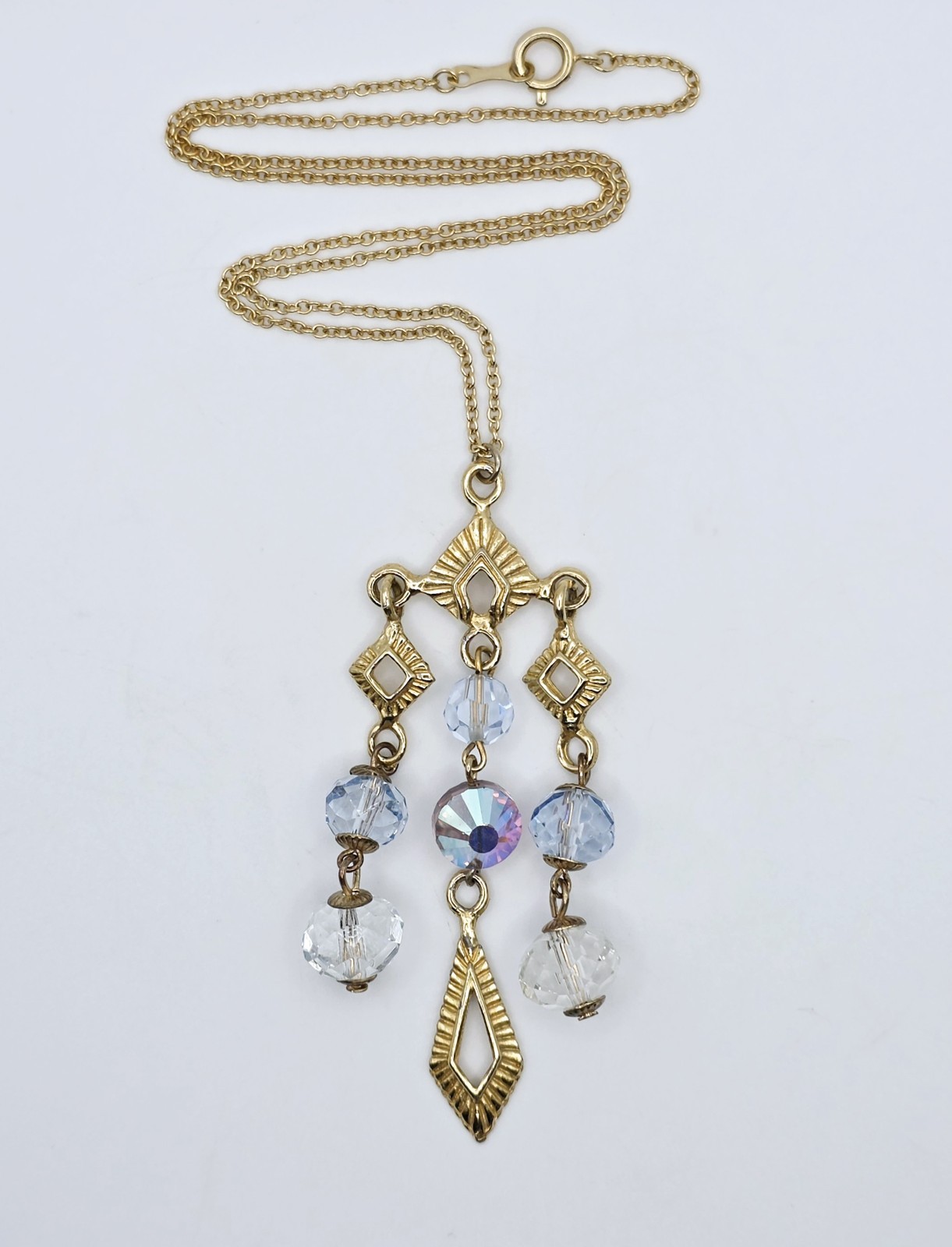 Vtg Aurora Borealis AB Crystal Chandelier Pendant Lavalier Necklace Gold Tone