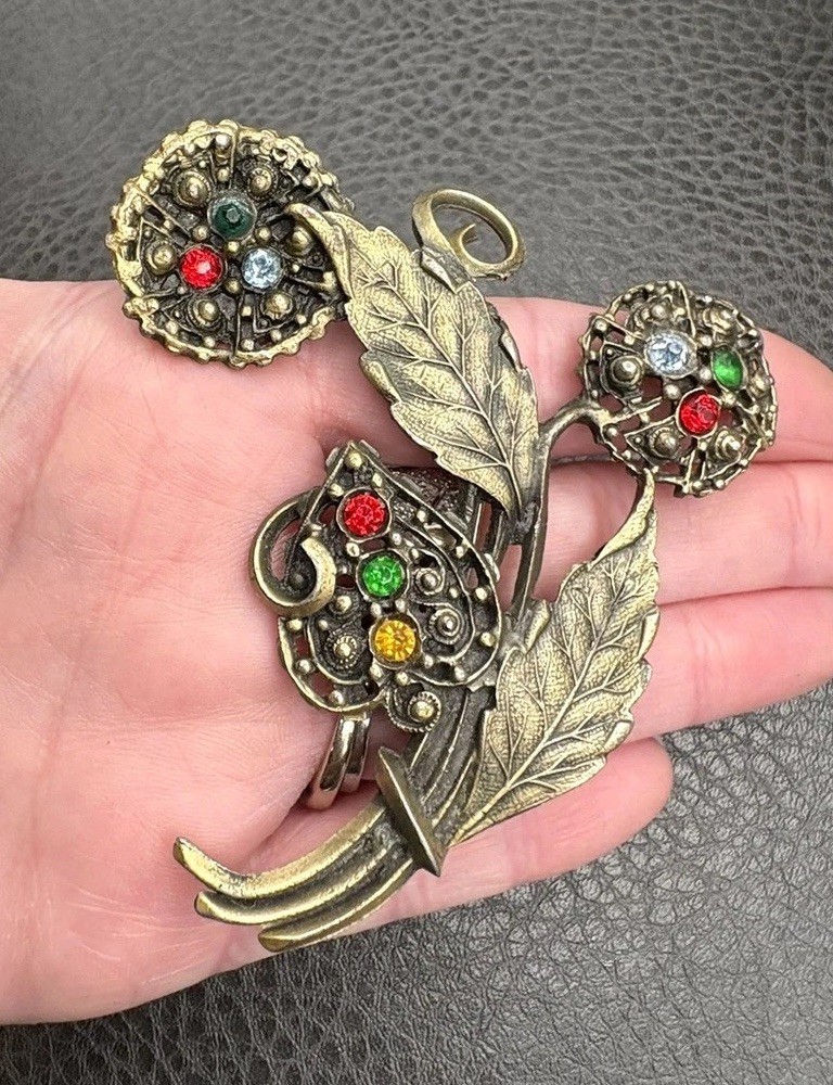 Huge Vintage Pot Metal Flower Leaf Brooch Fruit Salad Rhinestone Flower Bouquet