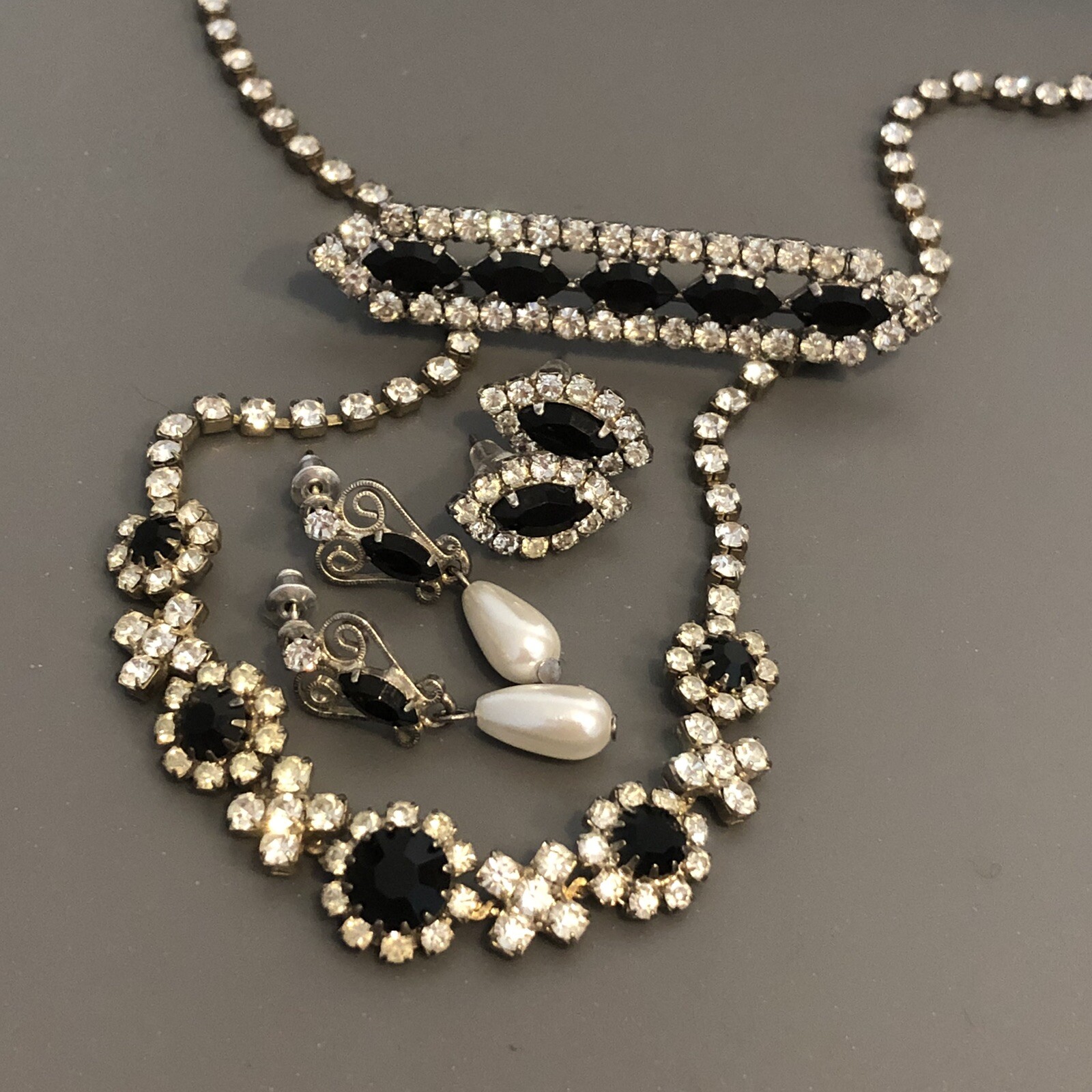 Vintage Art Deco Style Necklace Brooch Earrings Lot Of 7 Black Clear Rhinestone