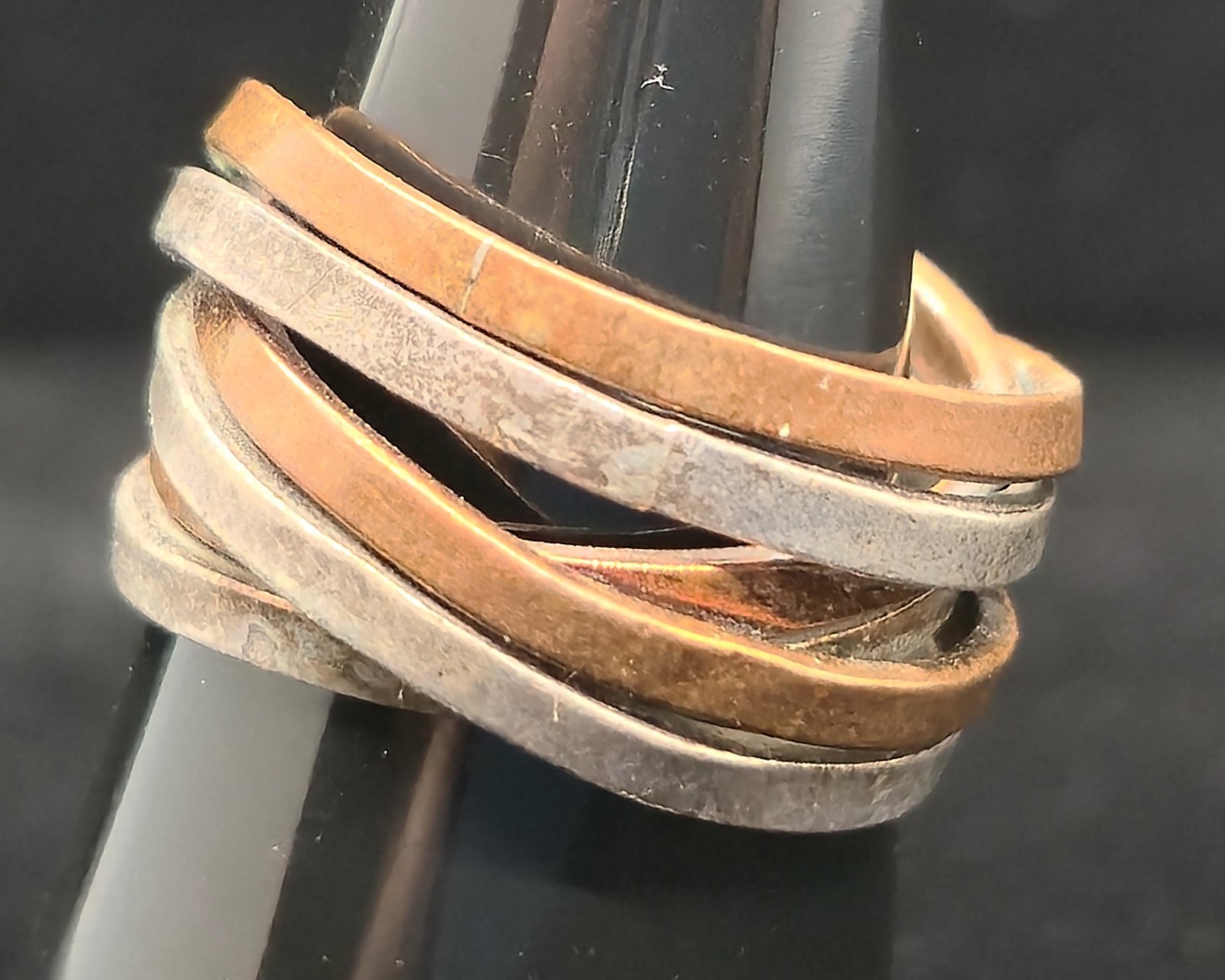 Vtg Signed Mexico Checkmark Artisan Sterling Silver Copper Mixed Metal Ring