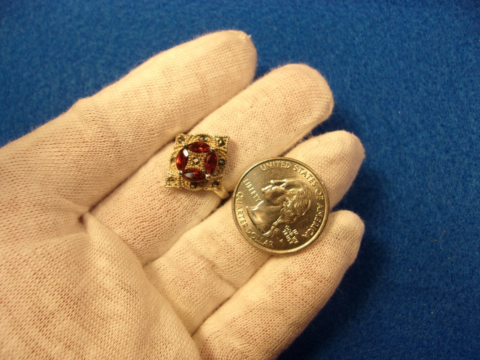 #3 of 6, SUPERB OLDER VTG LADY’S STERLING SLVER, ORANGE GARNET & MARCASITE RING