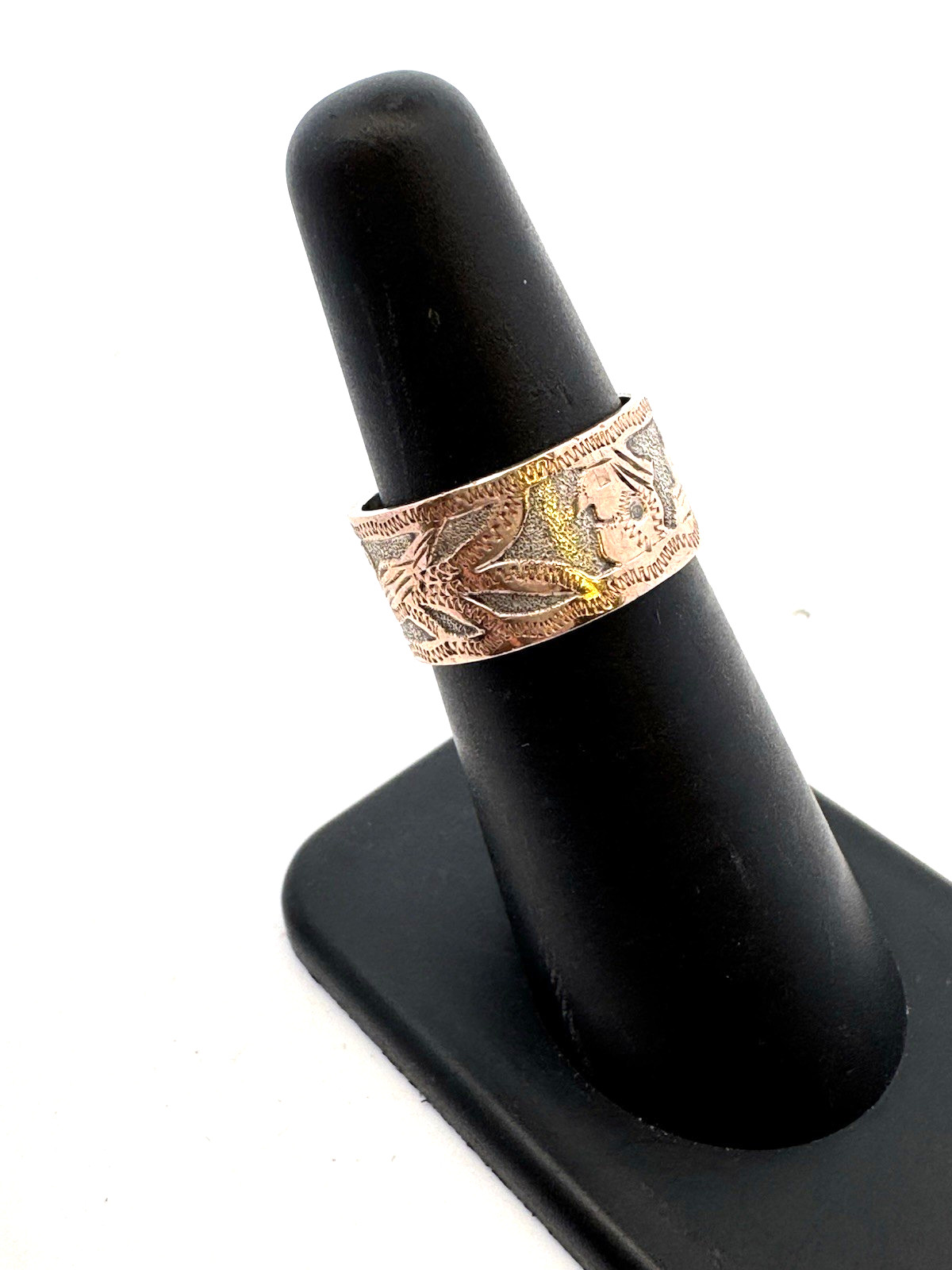Vintage Guatemala Artisan 900 Fine Silver Two Tone Mayan Motif Wide Band Ring
