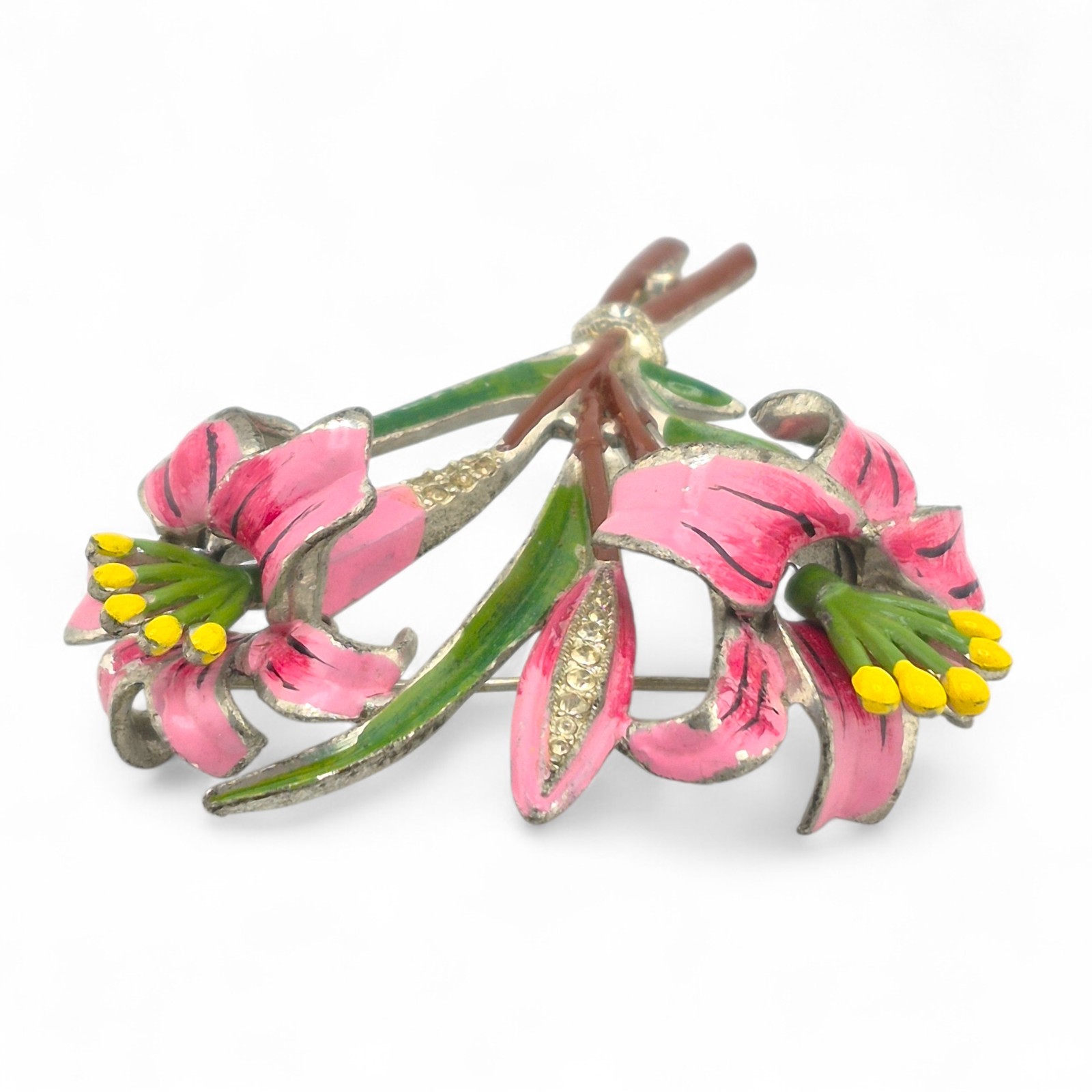 Vintage Coro Trembler Brooch Pink Lily Flower Enamel & Rhinestone Unsigned 3.3in