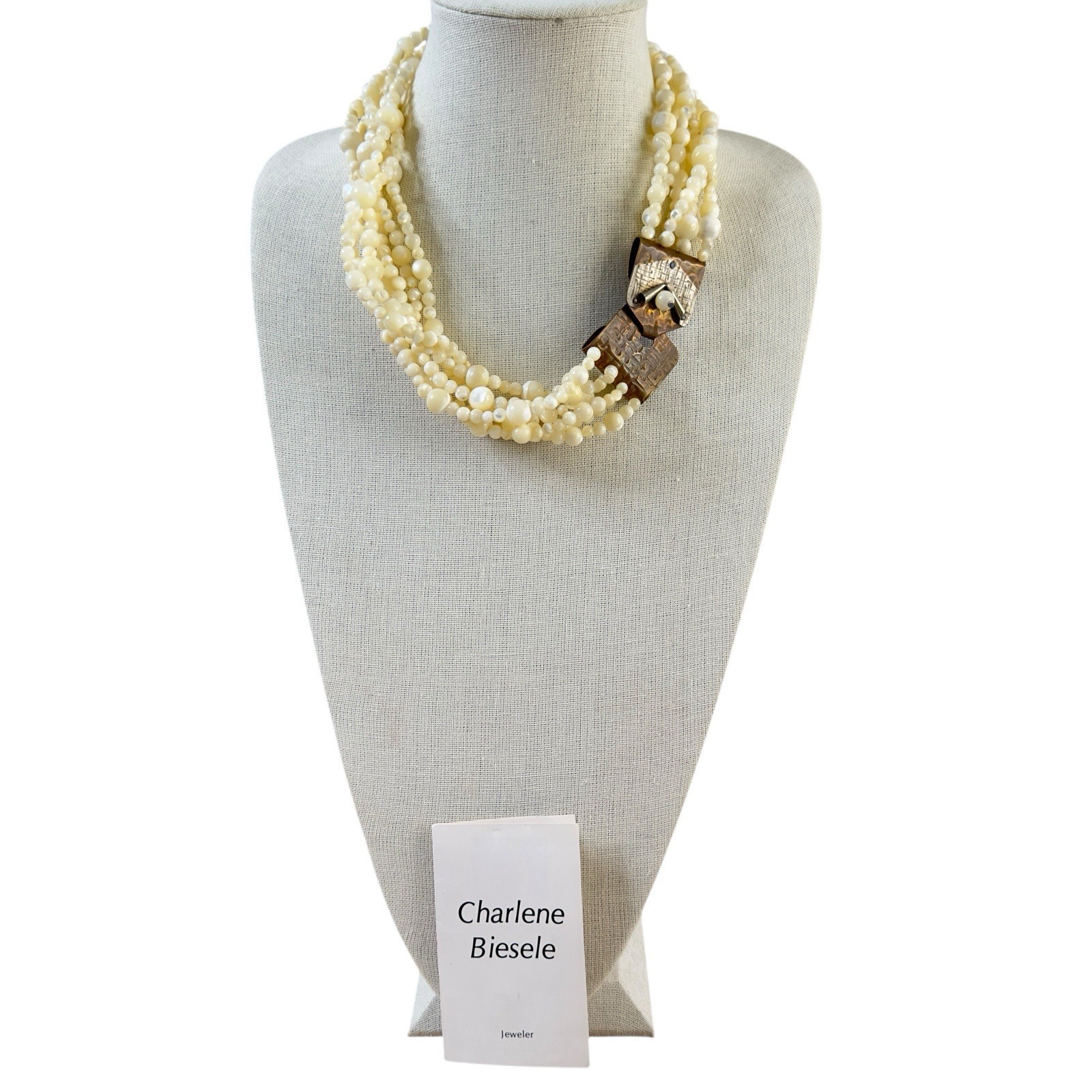 VTG Artisan Necklace Charlene Biesele Mother of Pearl Bead & Repousse Brass 20″
