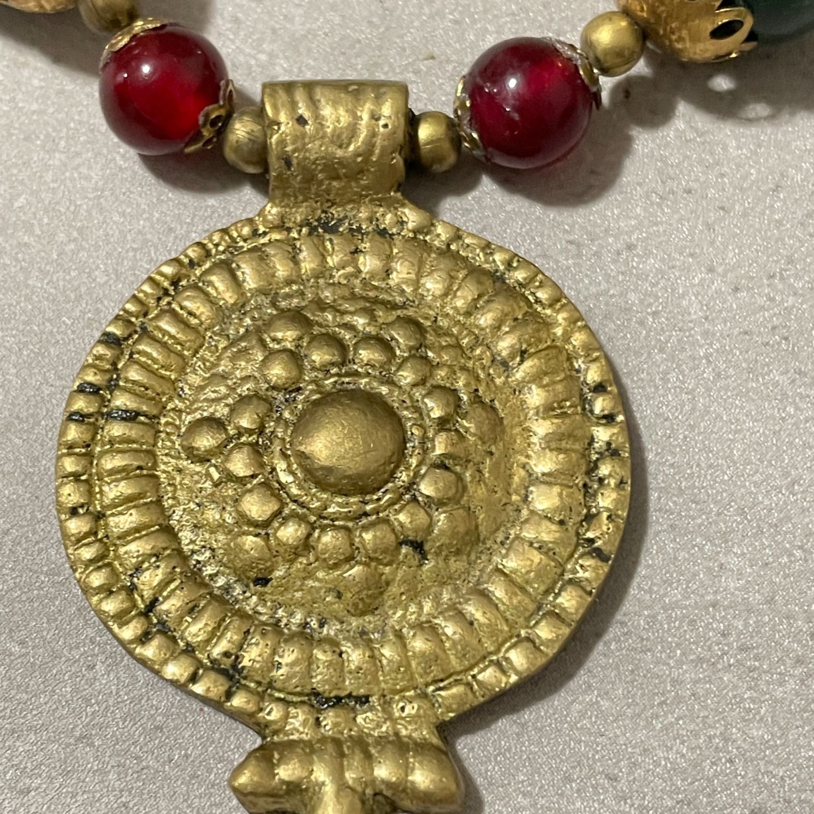 Vintage Ethnic Boho Brass Medallion Green Red Beaded Statement Necklace 10″ Drop