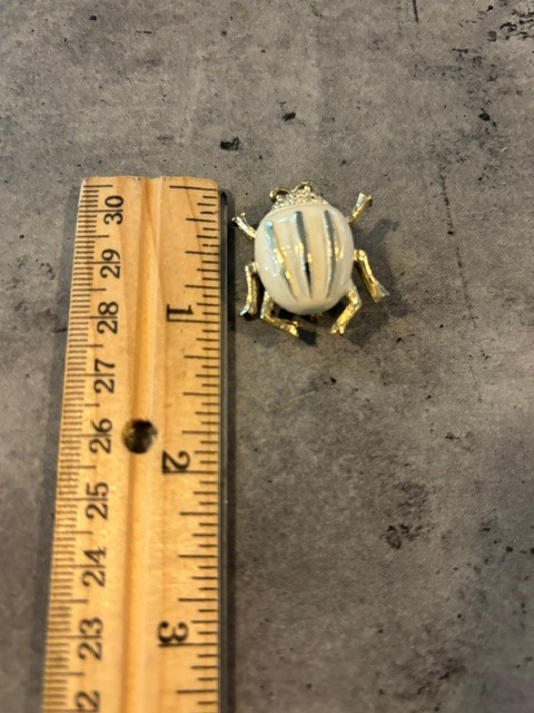 2 Egyptian Revival Beetle Brooch Gold Tone White Enamel Vintage Signed Gerrys