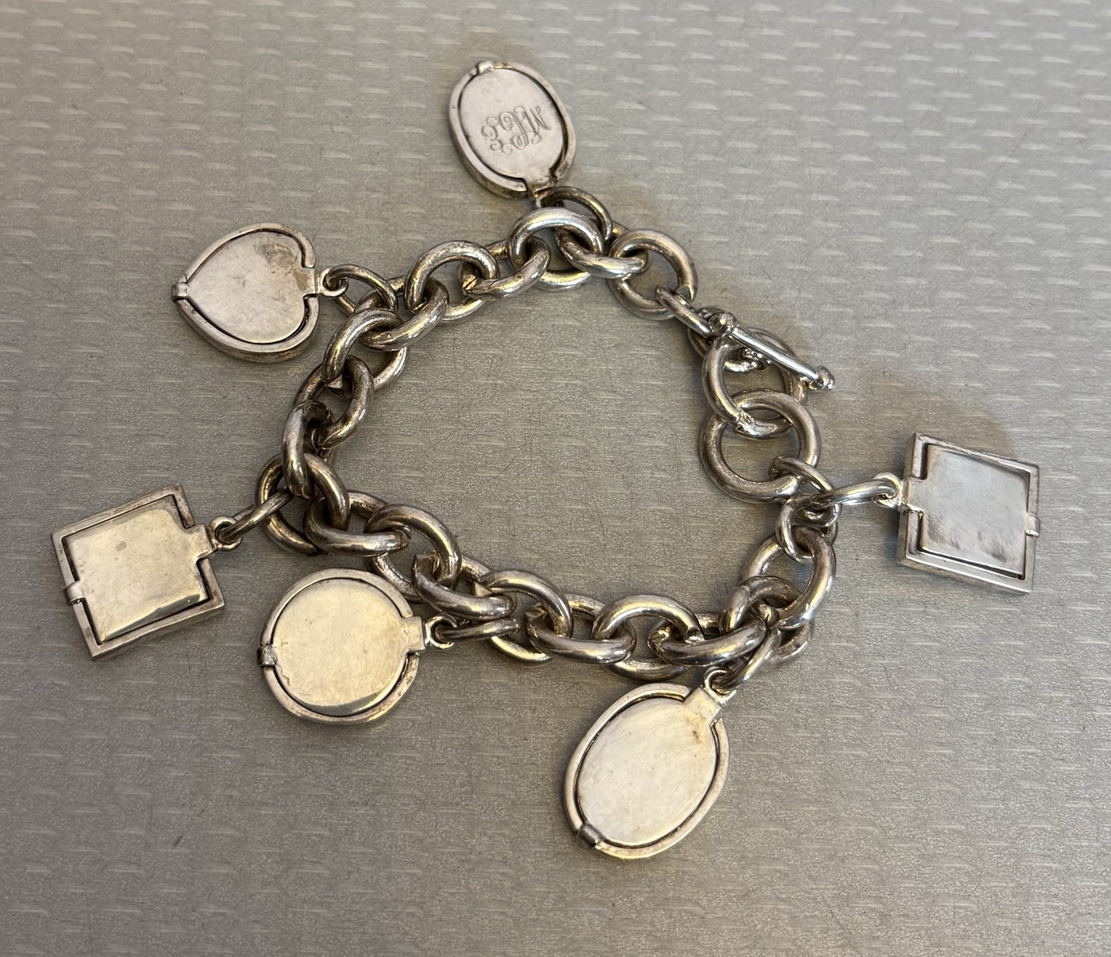 Vintage Photo Locket Charm Bracelet Silverplated Toggle 8” Heart Oval Square 6P