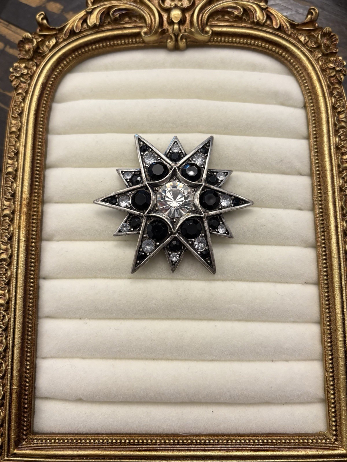 Vintage Silver Tone Starburst Brooch Pin Black Clear Rhinestones Victorian Goth