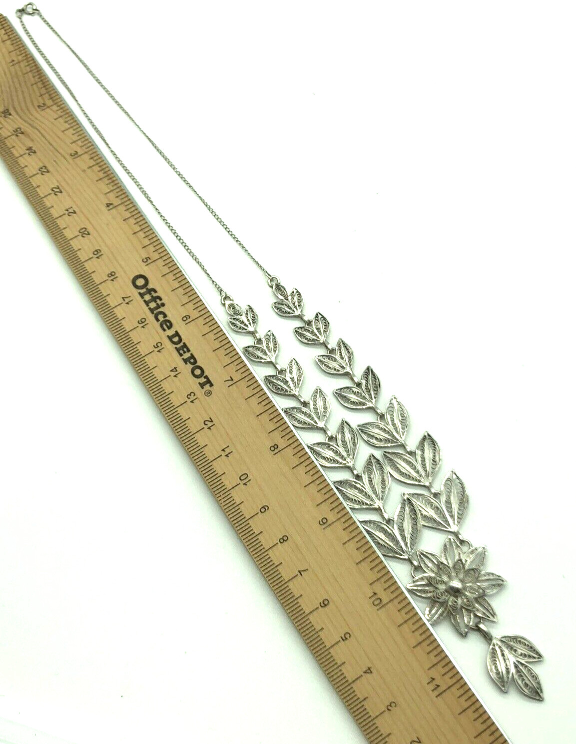 Filigree Necklace Cascading Leaves & Flower Sterling Silver 20+” Antique 1900s