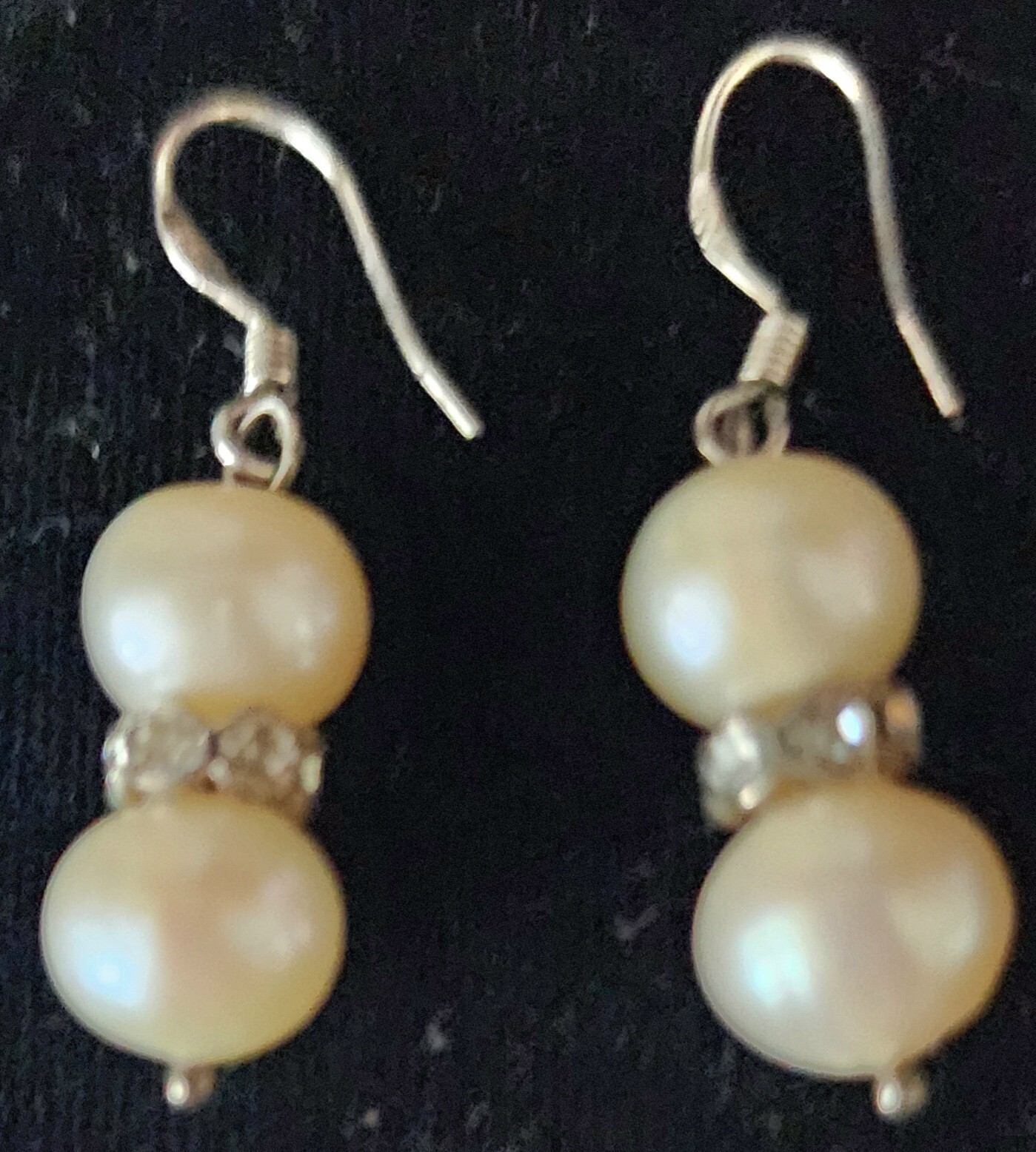 Elegant,2 Tiered Pearl Dangle Earrings, 925 Sterling Silver & Shimmering Crystal