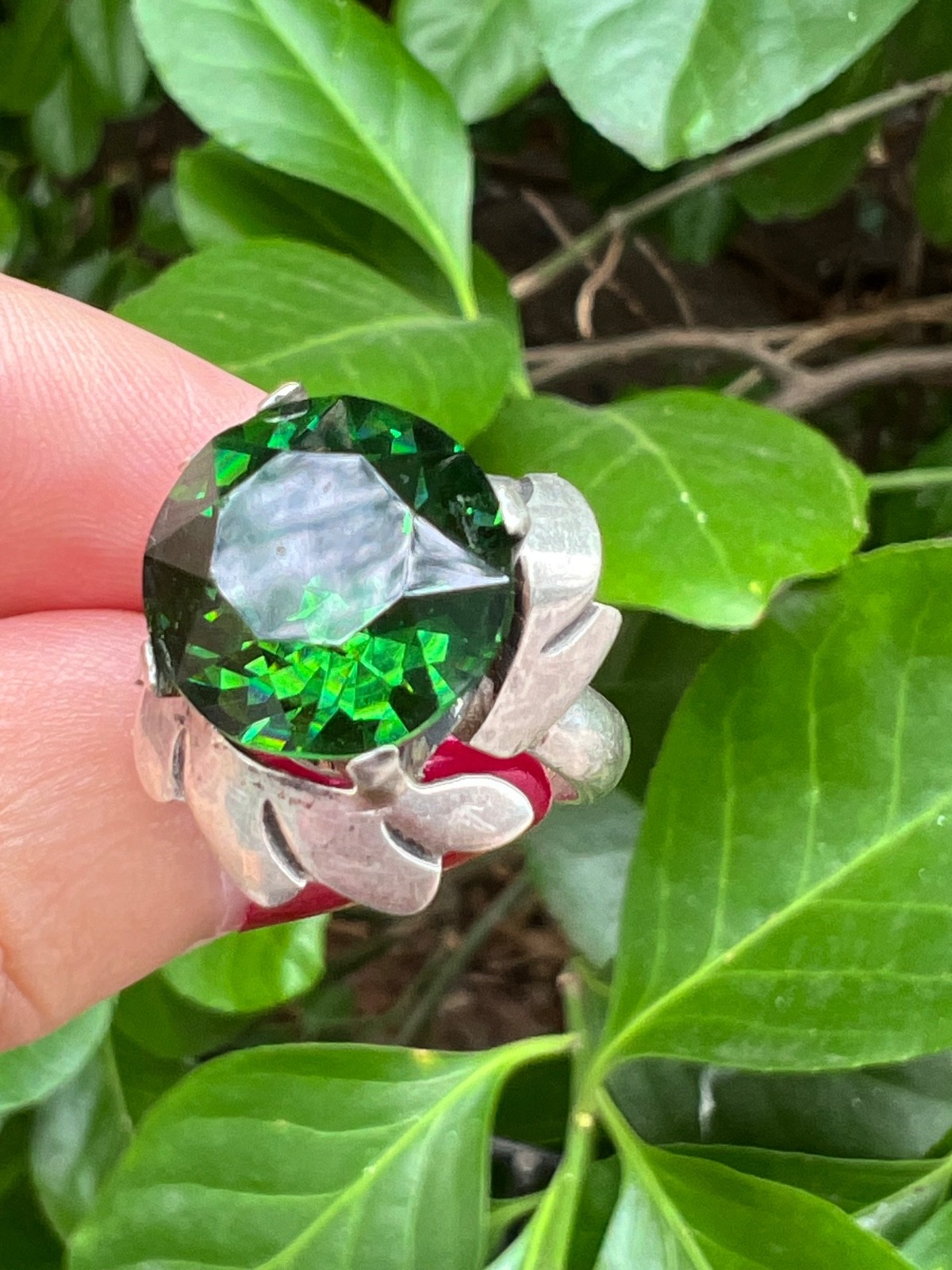 VINTAGE LARGE ROUND GREEN PASTE GLASS RHINESTONE RING 925 STERLING SLVER MEXICO
