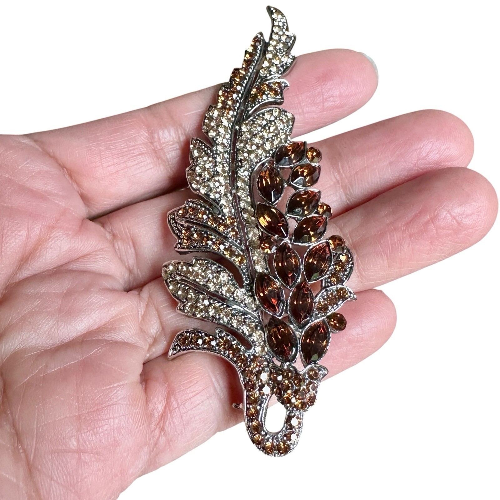 VTG Statement Leaf Floral Brooch 3.5 Inch Amber Brown Rhinestone Crystal Rhodium