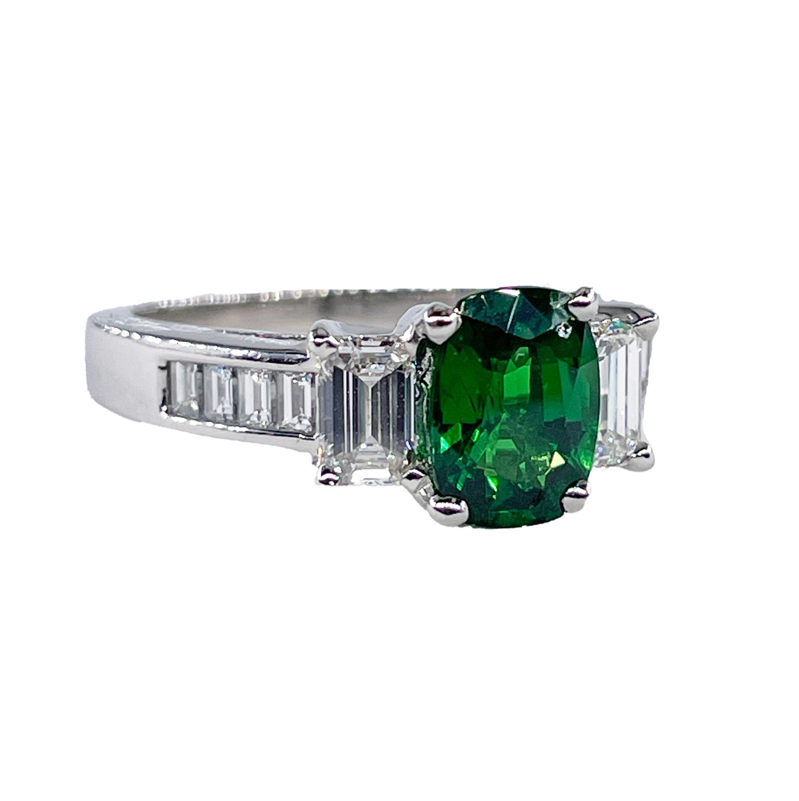 Vintage GIA 2.46ctw Natural Green Cushion Cut Tsavorite Diamond Platinum Ring