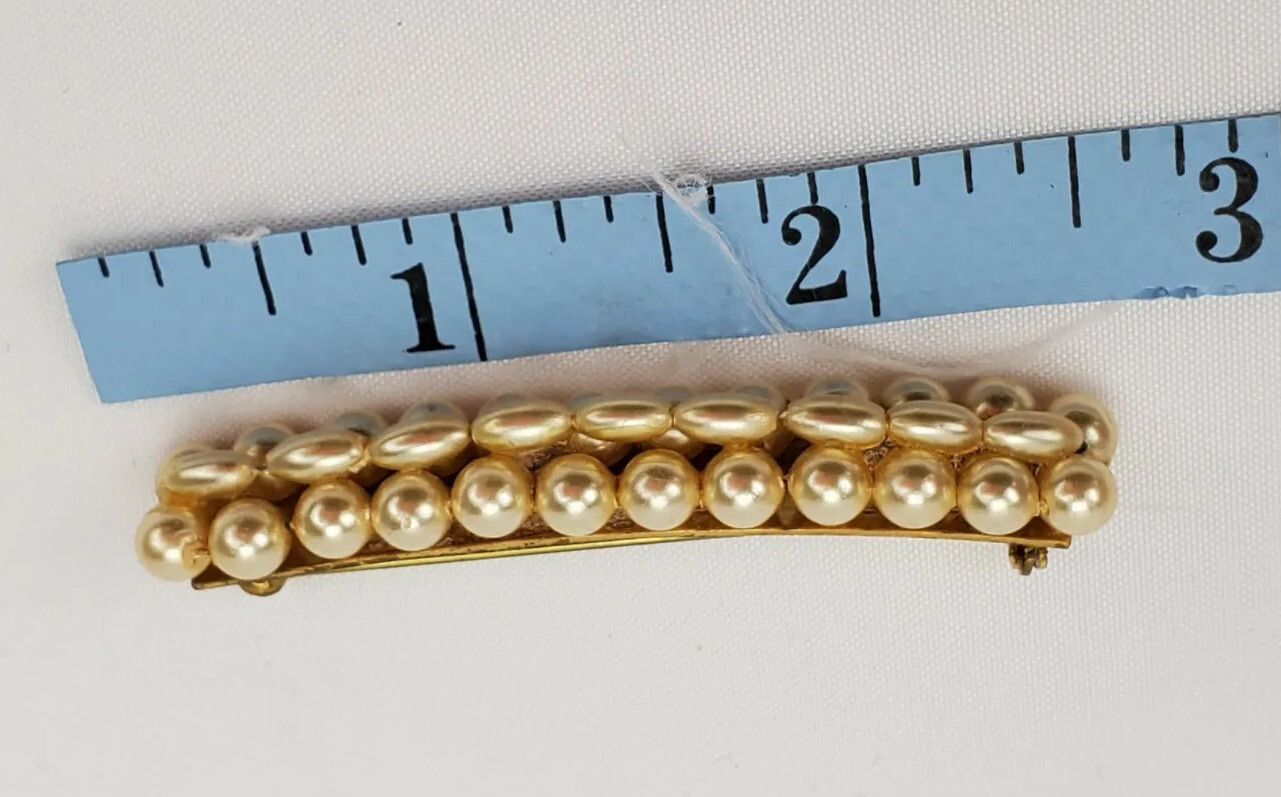Vtg Brooch Bar Pin Pearls Faux Gold Tone Holiday 2.5”x.0.5” Unsigned 40s 50s 60s