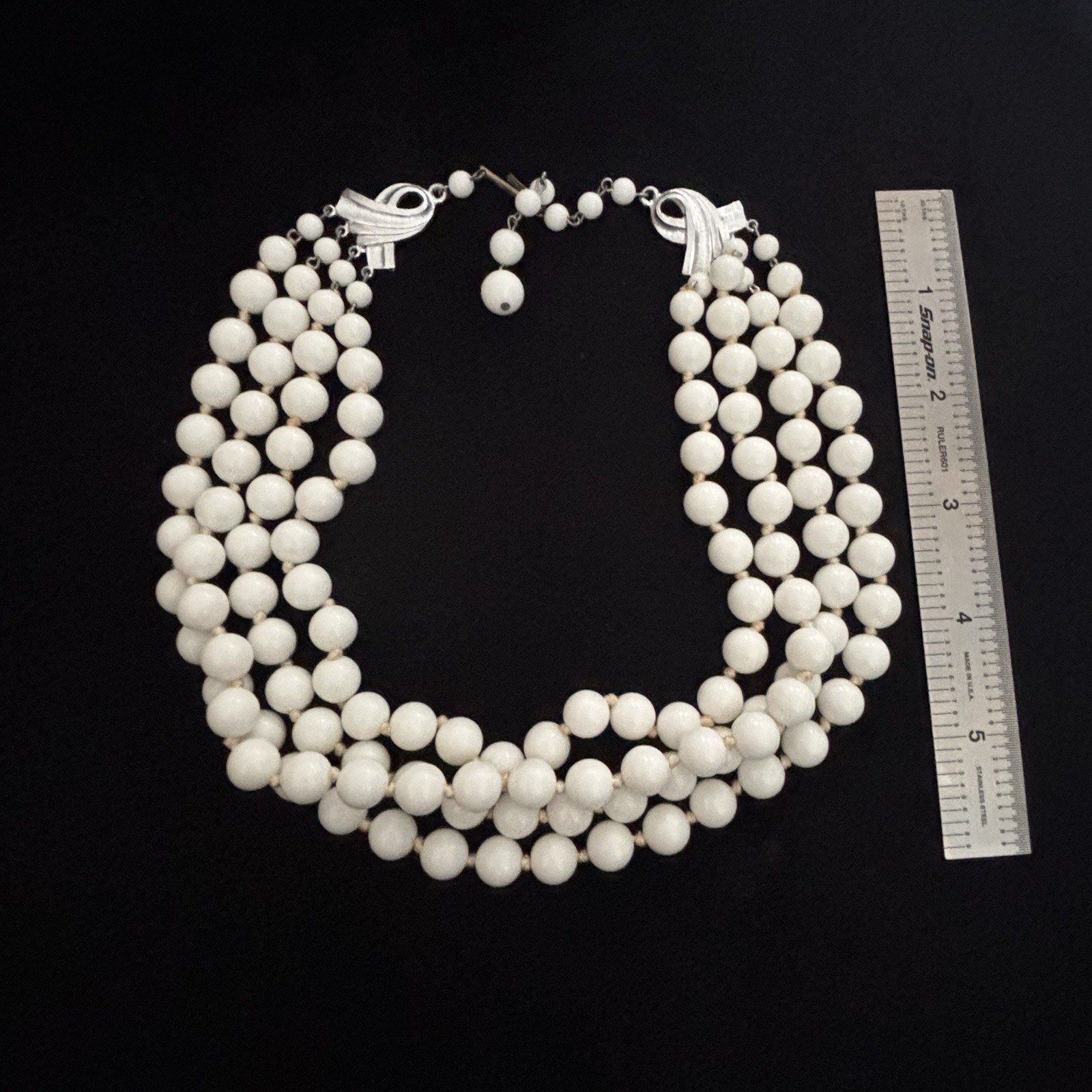 Vintage West Germany White Beaded Multi Strand Necklace With Silver Tone Clasp