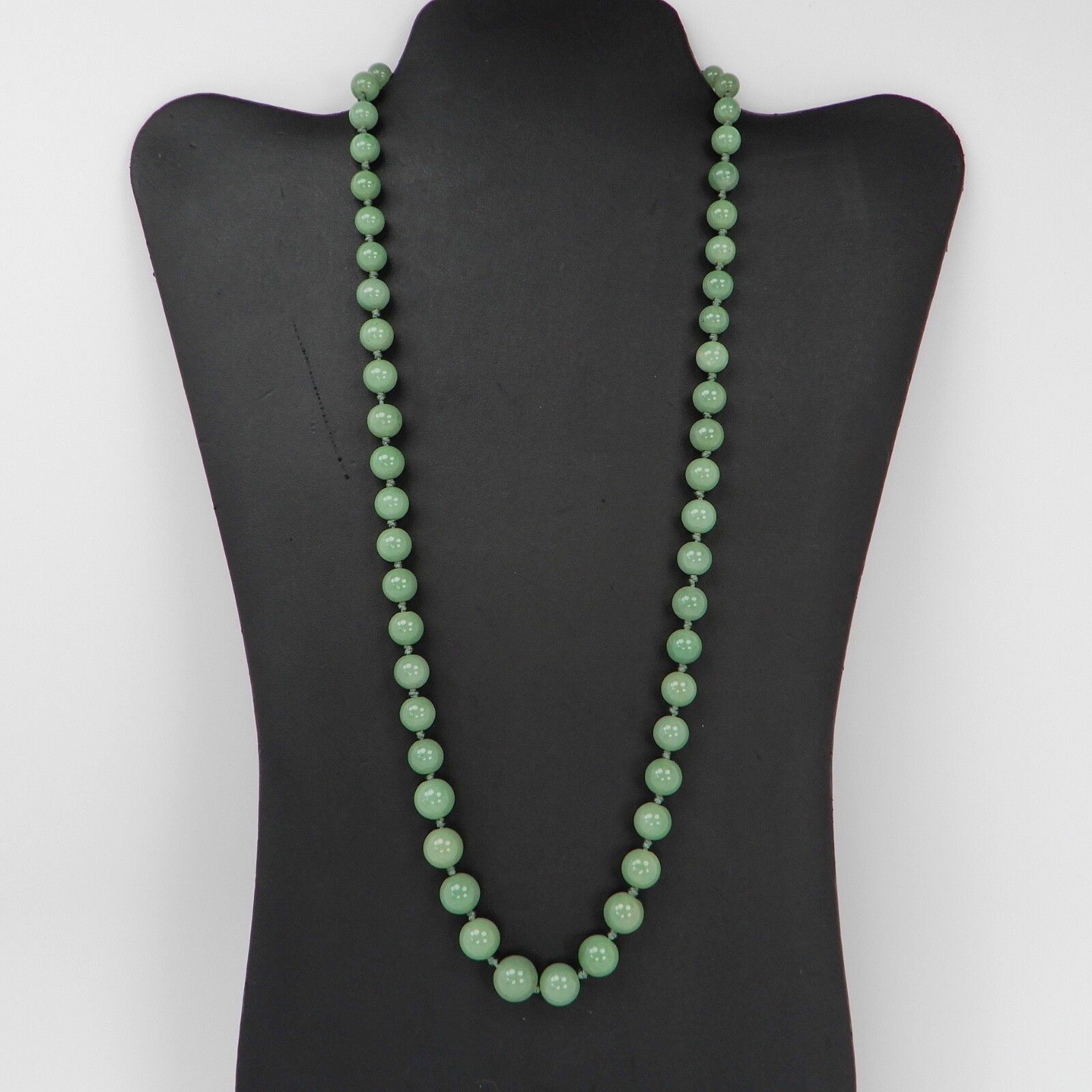 Vintage Green Jade Knotted Graduated Bead Necklace 23” 925 Silver Filigree Clasp